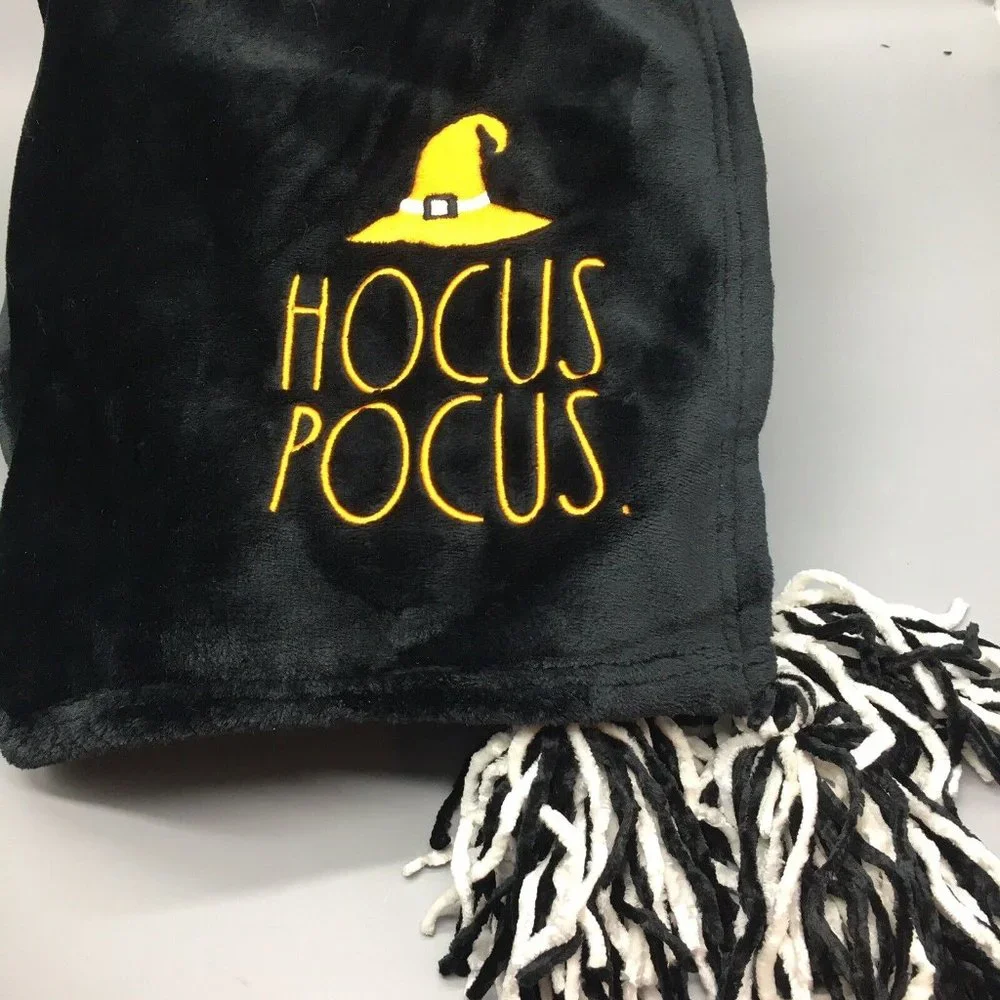 Rae Dunn Halloween HOCUS POCUS Fleece Throw Blanket Black Tassel Witch Hat 50x70